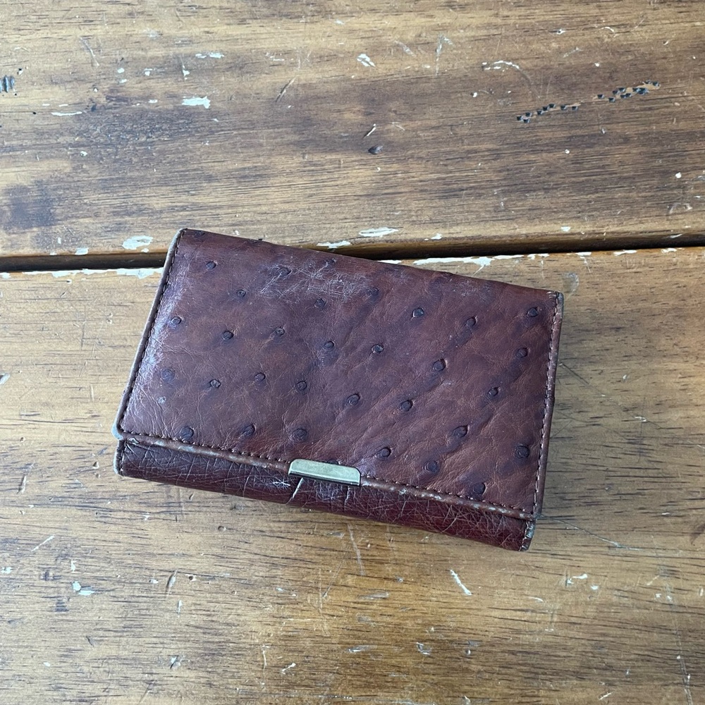 Vintage Brown Ostrich Leather Wallet Gold Hardware Made In West Germany